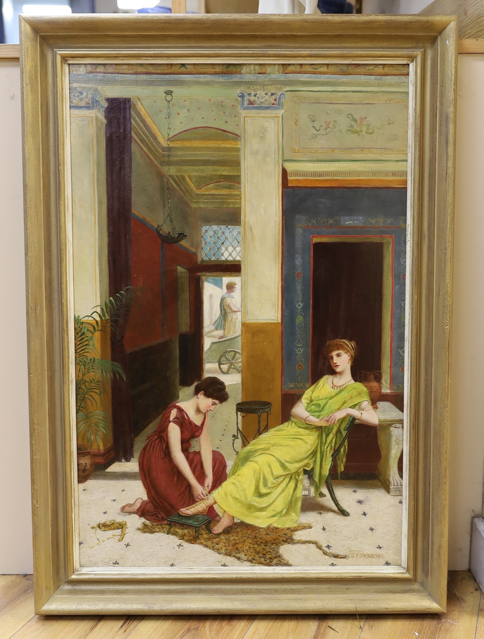 John F. Parsons (1850-1898), oil on canvas, Lady's in a Roman villa, signed, 75 x 49cm